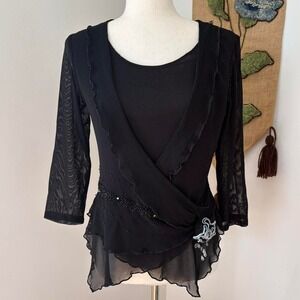 Euro Asymmetrical Beaded Mesh Blouse